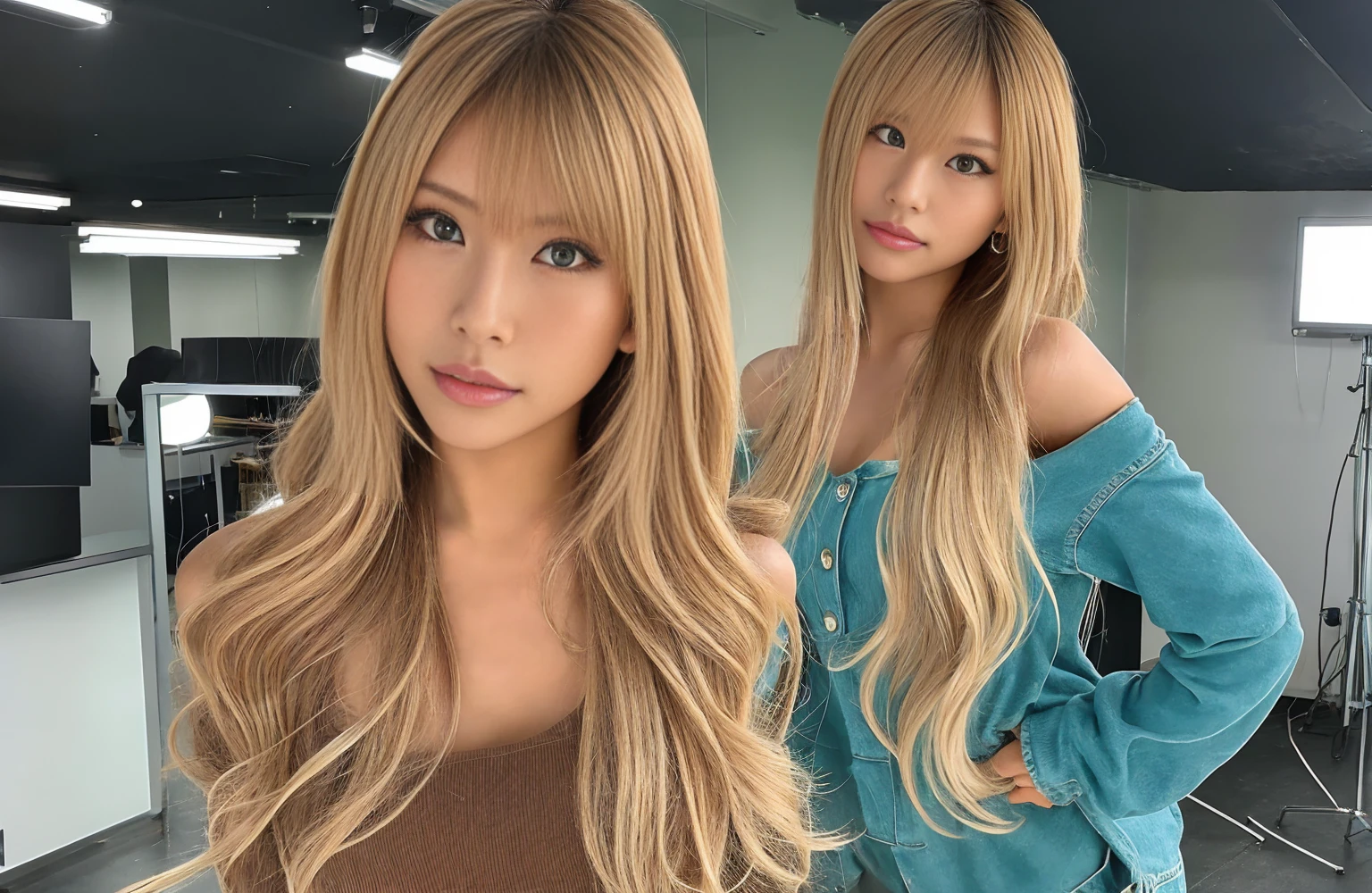 A stunning Japanese gyaru woman posing in a gravure photo shoot. She has a detailed and expressive face, a slender build, and long blonde hair styled in loose waves. She is wearing stylish and trendy clothing that accentuates her figure, and the background is a professional studio setup with soft lighting that highlights her features beautifully. The overall image quality is high, capturing the elegance and allure of the model.