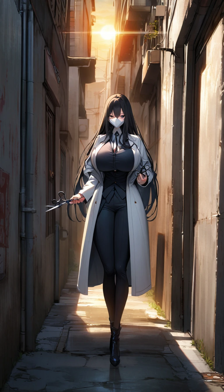1girl,solo,long hair,black hair color,white mask,White coat,huge breasts,slender,Scissors in hand,tall person,setting sun,Alley ,very near