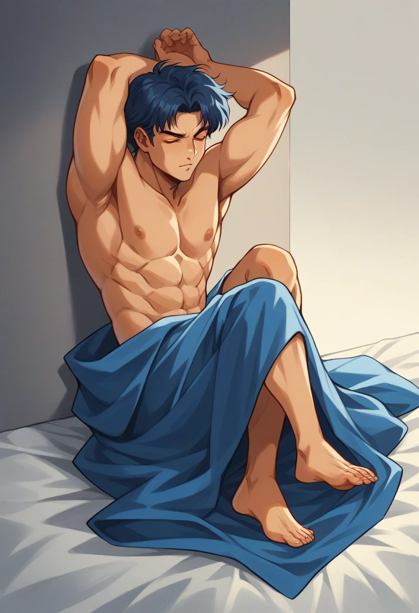 Create intense and evocative portraits in the Japanese retro anime style of the 80s and 90s. The scene depicts a man leaning against a wall, arms raised, eyes closed, expressing raw emotion, bathed in bright blue light. It emphasizes the curves of her body and the dramatic shadows cast by the lighting. The background is blank and the sharp contrast emphasizes her outline. The blue and black palette intensifies the atmosphere and evokes a sense of mystery and charm. Subtle film grain and meticulous shading add depth and texture, emphasizing the emotional weight of the scene. The lighting creates a chiaroscuro effect that emphasizes her expressive pose and intense atmosphere. Midnight, full body, in bed, using blanket, legs crossed