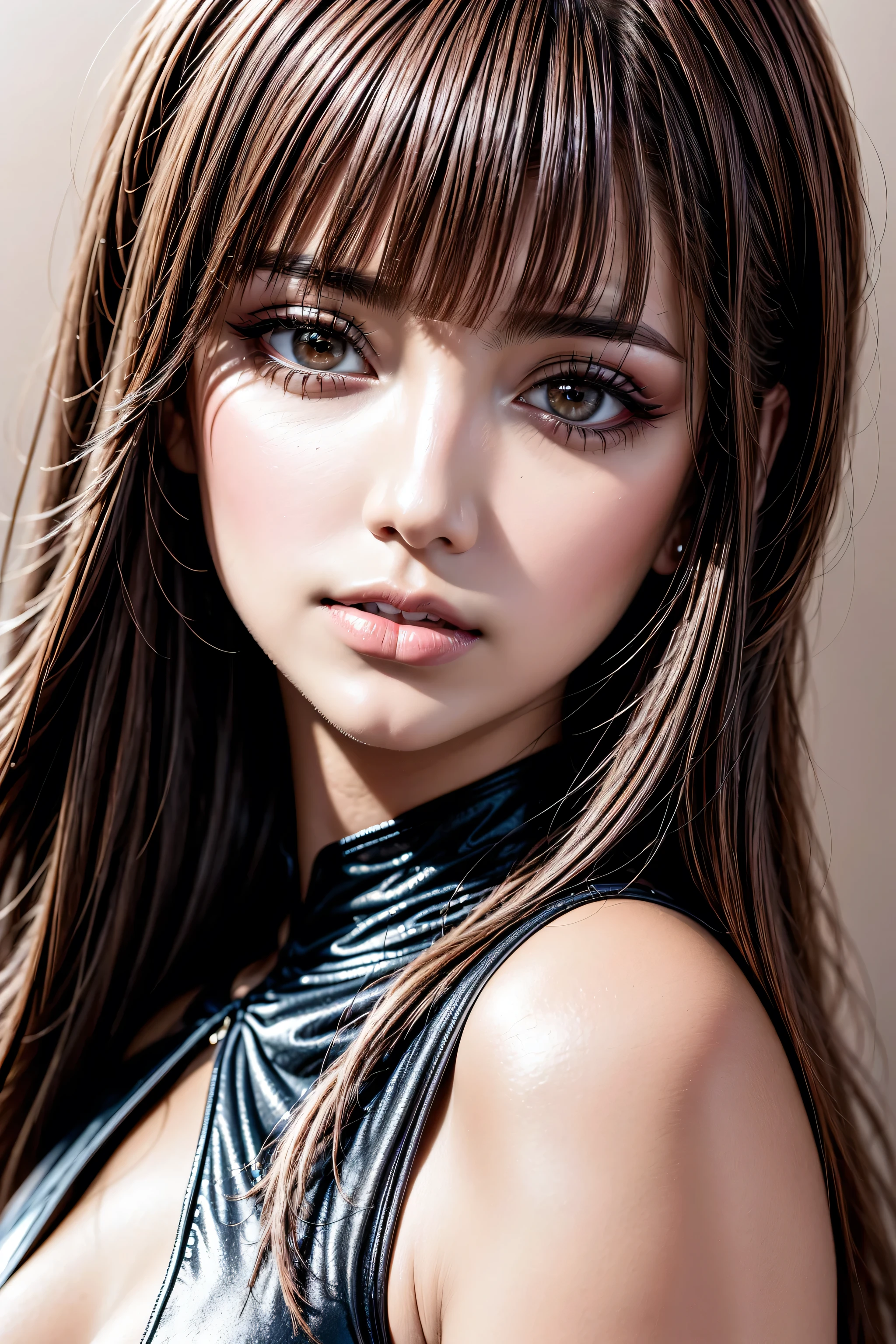 photorealism 16K realism, (Hyper-realistic proportional body, anatomically correct:1.3), ((ultra-fine digital art)), ((intricately detailed beautiful face)), (light pale complexion). BREAK, (small round head)),(high detailed realistic Super beautiful slim and sharp-face), (best highest detailed realistic black eyes:1.33), ((super realistic sharp-eyes)), (tired and sleepy and satisfied:0.0), (close up of a woman's eyes), perfect round eyes, finely detailed pupils,BREAK,detailed lips:1.3,pink_makeup:1.22, long_blue_eyeliner:1.28, red_lipstick:1.35,(perfect dark_eyeshadows:1.45), (super detailed professional makeup on eyes:1.3), (Detailed nose:1.2), (best high quality real texture skin:1.3),((ebony skin female:1.2)),(best quality texture hair:1.4),((red short hair ((bangs combed to the two side)), extremely detailed:1.4)), beautiful cheekbones, dramatic lighting, ((perfect composition)), pale skin, ((dry skin)), (((sexy stylish Korean model))), only 1 female, ((sexy doll-like appearance)), ((long pink stylish hair:1.3)), (((sexy ta cosplay:1.3))), ((unconventional skirt)), petticoats, ((high neckline)), (ultra details lace), (detailed embroidery), ((Intricately detailed workmanship)), (transparent PVC in the shade of ORANGE), ((Shiny ORANGE Transparent Holographic Full Bodysuit: 1.3)), cinematic light, detailed background of a large park with trees, dynamic pose, ((no decorations in the hair)), (firm normal full breasts), 
