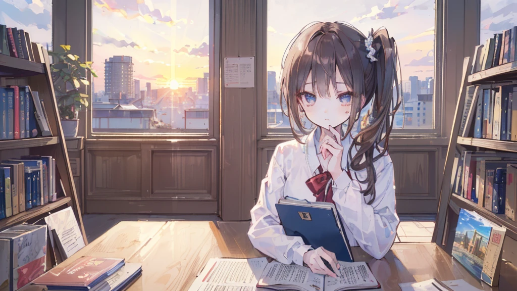 (((Highest quality, 8K, masterpiece: 1.3)), Sharp focus, Slim abdomen, (White shirt), ((Side Ponytail)), Highly detailed face and skin texture, Fine grain, double eyelid, Japanese schoolgirl, Brown Hair, Sleepy face, (While studying in the library), (High School Uniform), sunset, Cowboy Shot