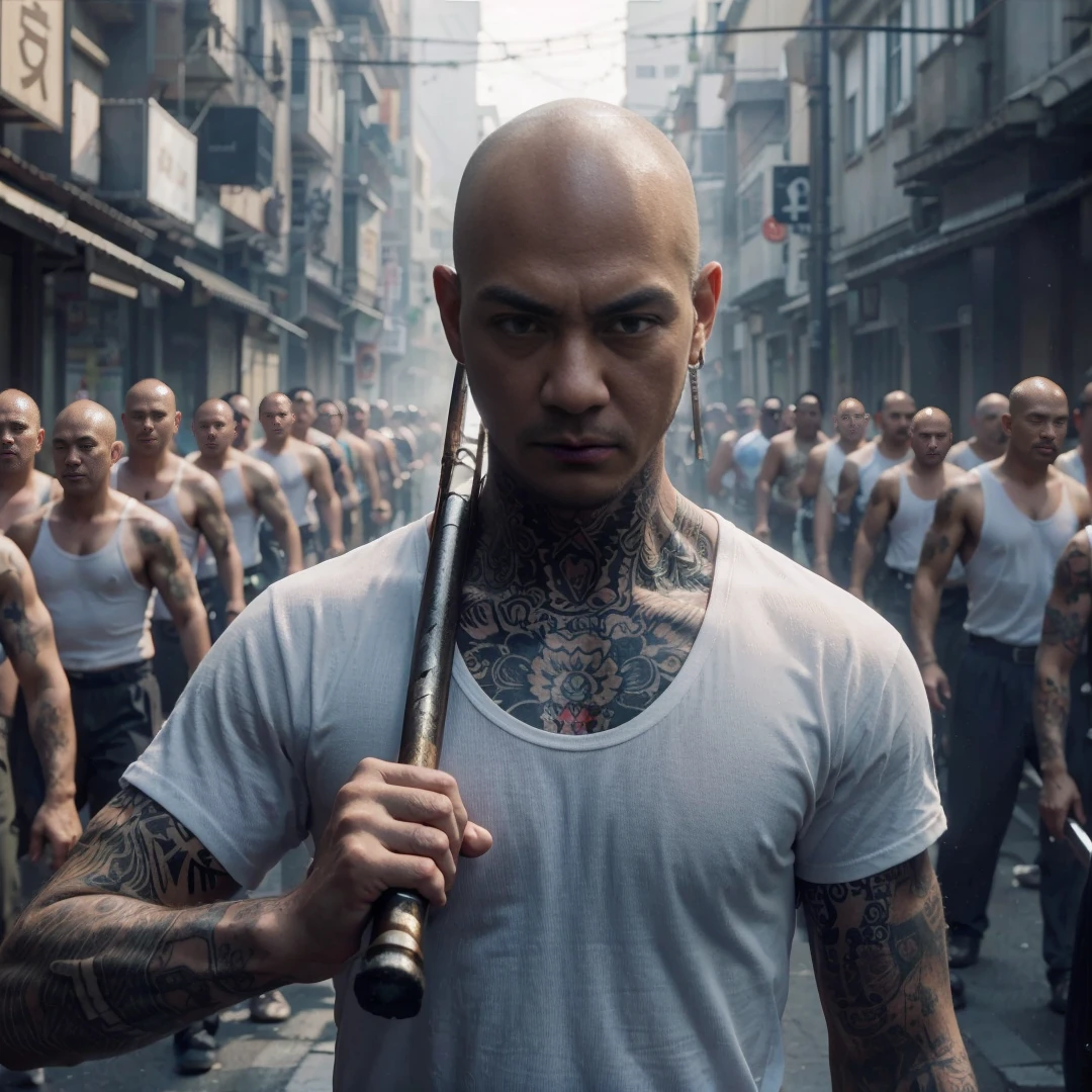 close up picture, Yakuza has bald hair, has tattoos on his head, wears a white t-shirt, holding an iron rod, leading dozens of his men to prepare for battle, they walk through a narrow street on the edge of the city, you can see lots of yakuza men walking through the street, in the background narrow. street on the edge of town, cinematic, realistic, very detailed