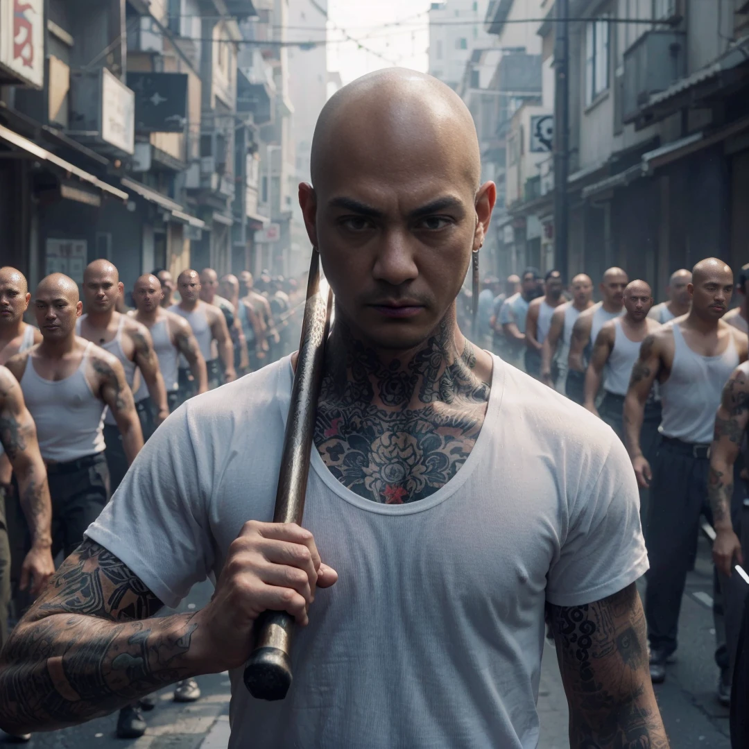 close up picture, Yakuza has bald hair, has tattoos on his head, wears a white t-shirt, holding an iron rod, leading dozens of his men to prepare for battle, they walk through a narrow street on the edge of the city, you can see lots of yakuza men walking through the street, in the background narrow. street on the edge of town, cinematic, realistic, very detailed