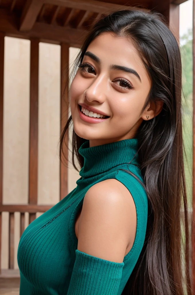 hires headshot photo of ananya pandey woman, studio quality, looking straight at viewer, sleeveless turtleneck, laughing, outdoors