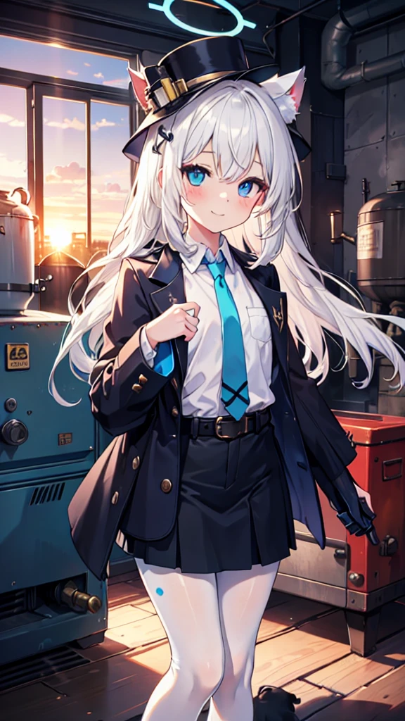 White pantyhose，White hair，Smile，Long hair，Cat ear，Heterochromia（Left blue right yellow），Female face，There are bright spots in the eyes，flat chest，blue halo，Alone，Inside the boiler room，Sunset，Steampunk，hat，Dark gray vest，belt