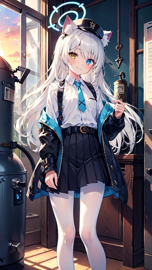 White pantyhose，White hair，Smile，Long hair，Cat ear，Heterochromia（Left blue right yellow），Female face，There are bright spots in the eyes，flat chest，blue halo，Alone，Inside the boiler room，Sunset，Steampunk，hat，Dark gray vest，belt