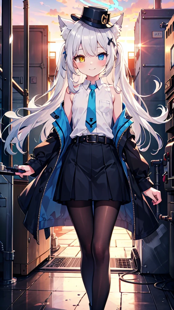 White pantyhose，White hair，Smile，Long hair，Cat ear，Heterochromia（Left blue right yellow），Female face，There are bright spots in the eyes，flat chest，blue halo，Alone，Inside the boiler room，Sunset，Steampunk，hat，Dark gray vest，belt