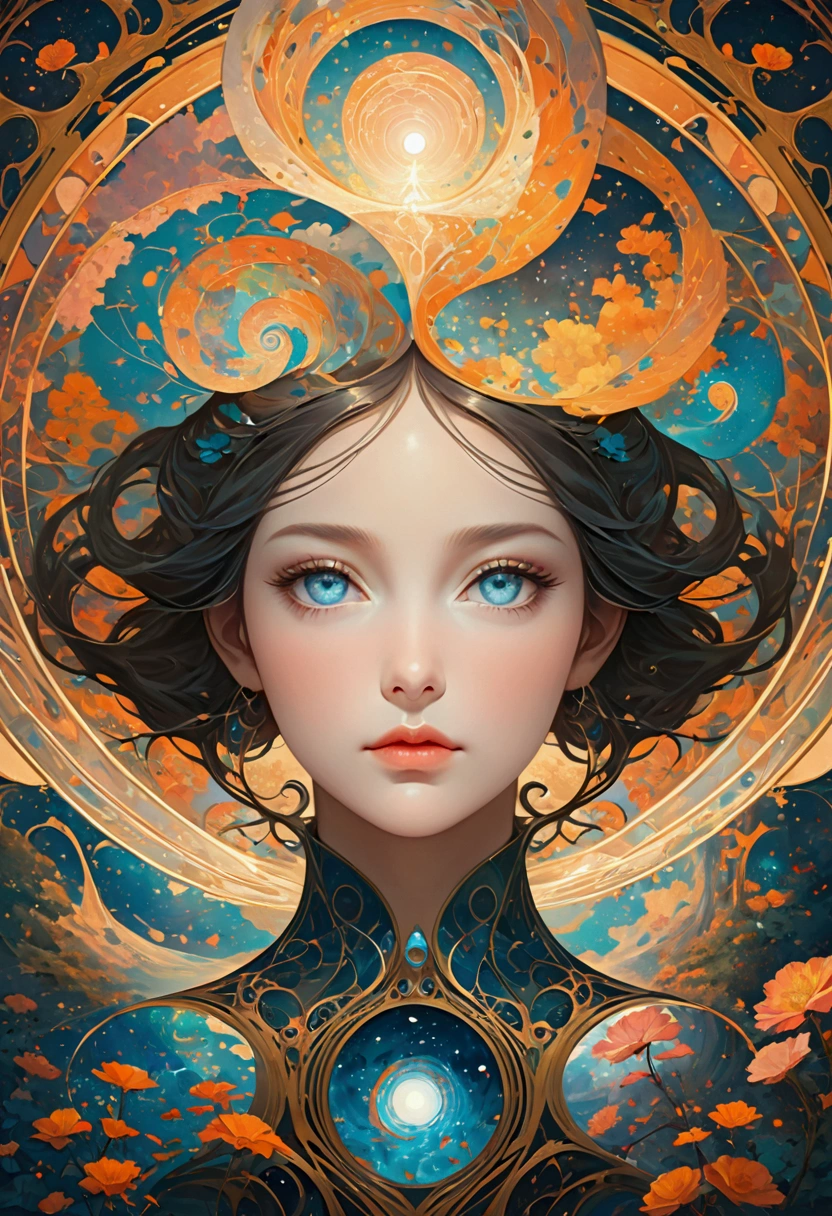 1 Woman,The delicate face gradually disappears, Twisted but still fascinating, swirl, Abstract Aesthetics, symmetry, fantasy,magic,mystery,illusory,Dreamy,Concept map of the scene, Ultra-high resolution, masterpiece, best quality