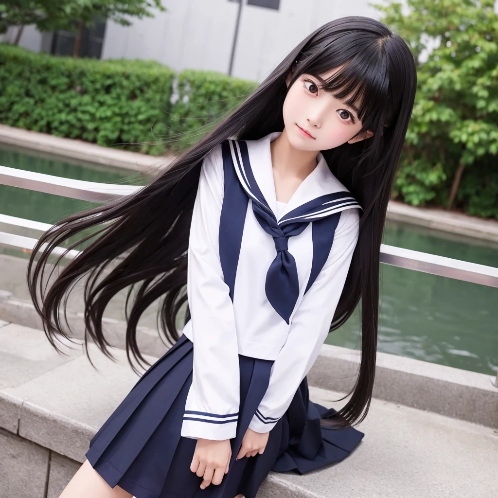 Sailor suit　middle School girls　Blushing　Black Hair　Long Hair　Straight Hair　Flip up the skirt　hentai