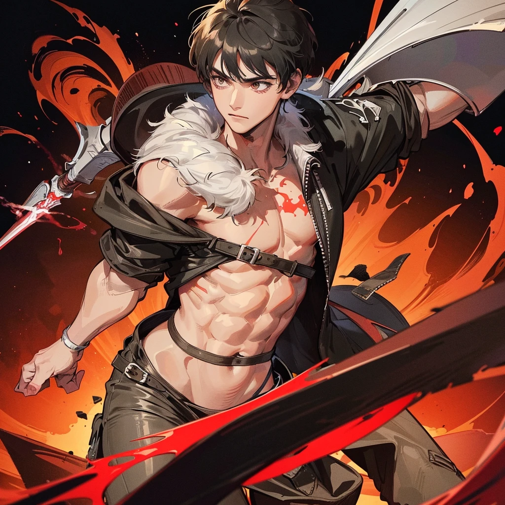 Masterpiece quality, 8K , well crafted details, man , muscular build, In the background , red spots , Black background , Behind the character there is the inscription Berserk , With a sword on his back ,