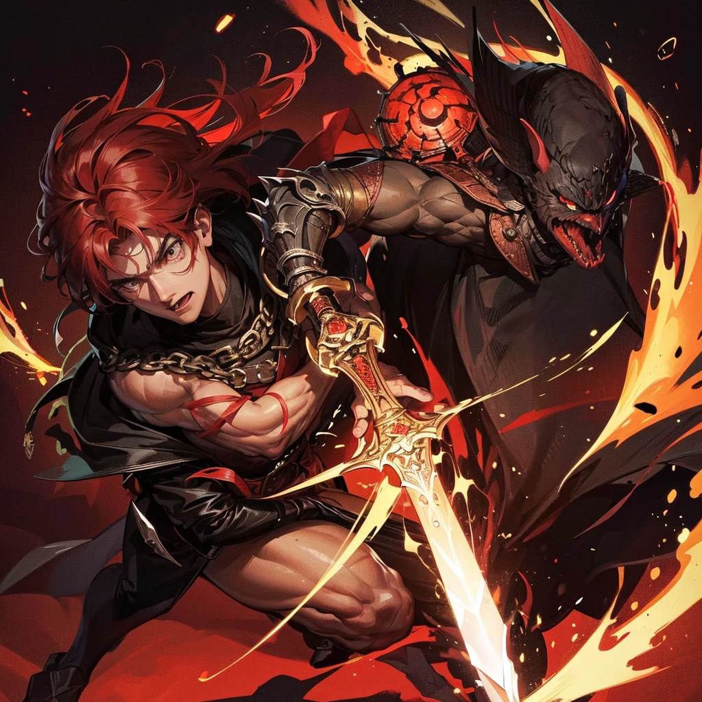 Masterpiece quality, 8K , well crafted details, man , muscular build, In the background , red spots , Black background , Behind the character there is the inscription Berserk , With a sword on his back ,