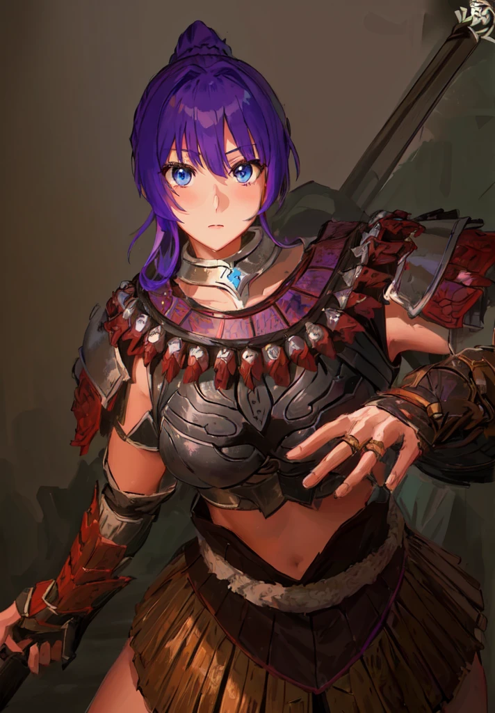 Wearing armor、Anime image of a woman holding a spear, Armor Girl, With scaly armor, Purple Armor, wearing monster hunter armor, A very beautiful berserker woman,Anime Art,Three Kingdoms志,Three Kingdoms。big boods,big ,huge , body,Purple Hair,Blue Eyes,Black Leather,Brown skin,dark skin,