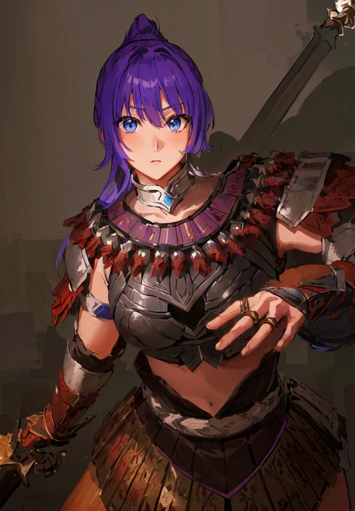 Wearing armor、Anime image of a woman holding a spear, Armor Girl, With scaly armor, Purple Armor, wearing monster hunter armor, A very beautiful berserker woman,Anime Art，Three Kingdoms志，Three Kingdoms。big boods，big ，huge ，sex body，Purple Hair，Blue Eyes，Black Leather，Brown skin，dark skin，