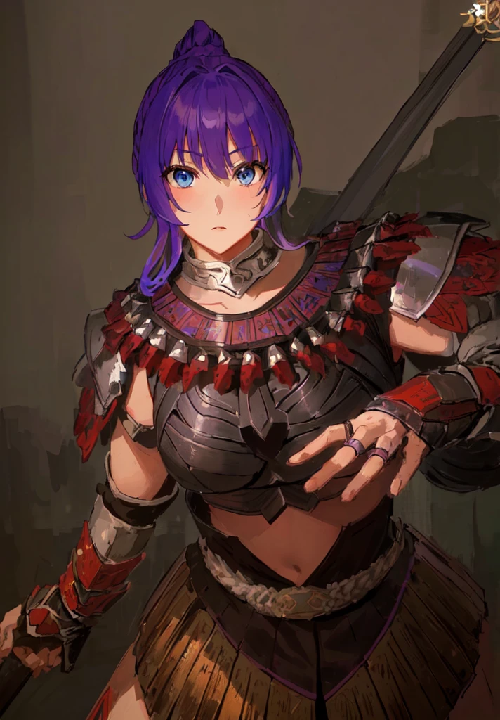 Wearing armor、Anime image of a woman holding a spear, Armor Girl, With scaly armor, Purple Armor, wearing monster hunter armor, A very beautiful berserker woman,Anime Art,Three Kingdoms志,Three Kingdoms。big boods,big ,huge ,sex body,Purple Hair,Blue Eyes,Black Leather,Brown skin,dark skin,