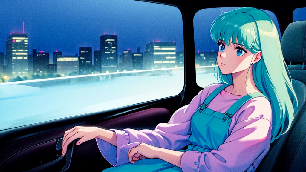Create an image from the angle inside a car, showing a woman with a thoughtful expression on her face as she gazes out of the side window at the cityscape. The city outside should be visible, illuminated by streetlights and neon signs. Use soft, pastel colors and subtle gradients to capture a dreamy, reflective atmosphere. Ensure the interior of the car feels cozy and comfortable, adding to the overall serene vibe.