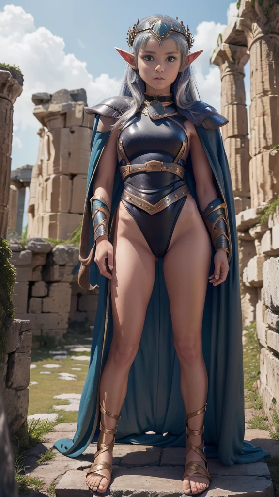 ((Full body photo, standing, feet on the floor))  (High resolution) 1 girl, alone, Goblins girl in armor, Elf Girl, Goblins, armor, Wearing a black high-cut swimsuit、Cave Crown, Cape, Ruins of ancient Greece,
