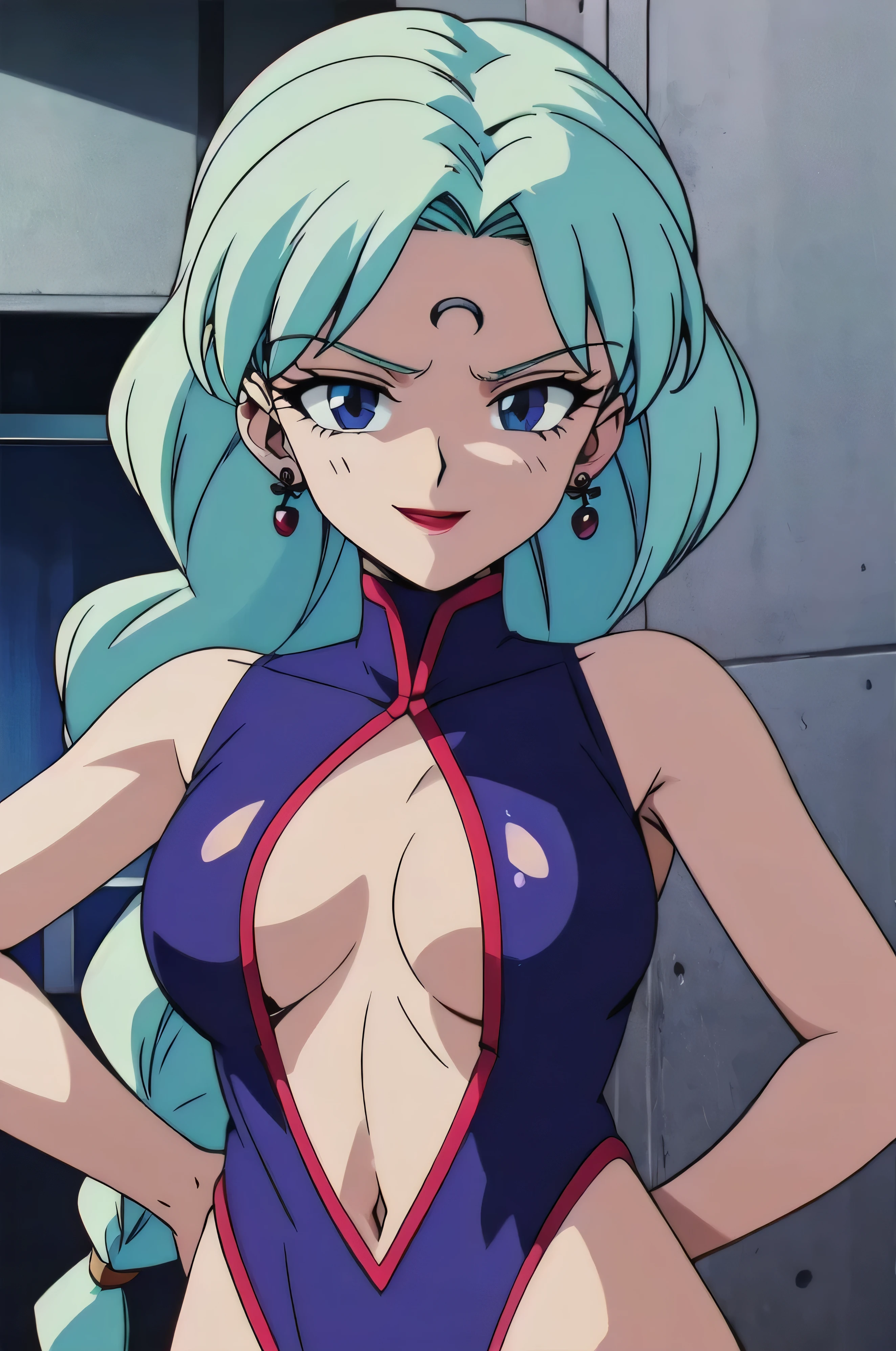 1girl, solo, facing viewer, looking down at viewer,,evil smile, BERTIE,,Highly detailed CG Unity 8K wallpaper, perfect lighting,official art,,(beautiful_face:1.5),(narrow_waist),,Highly detailed CG Unity 8K wallpaper, perfect lighting, anime screencap, retro artstyle, anime coloring, traditional media,evil huge laugh,lipstick,sadistic smile,deep shaded face,single braid,smile worst,worst ridecule,evil moukery,,one braid,lightblue leotard,two hands,five fingers,gesugao,