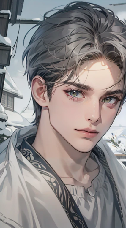 masterpiece, best quality, realistic, 1man, mature male, quiet and charming  man, 35 years old, close his eyes, serious, closed mouth, extremely detailed face, cold, ((dark grey blue eyes)), ((short-right-swept dark grey hair)), [thick eyebrows], ((hunter)), accurate, detailed, ((town))