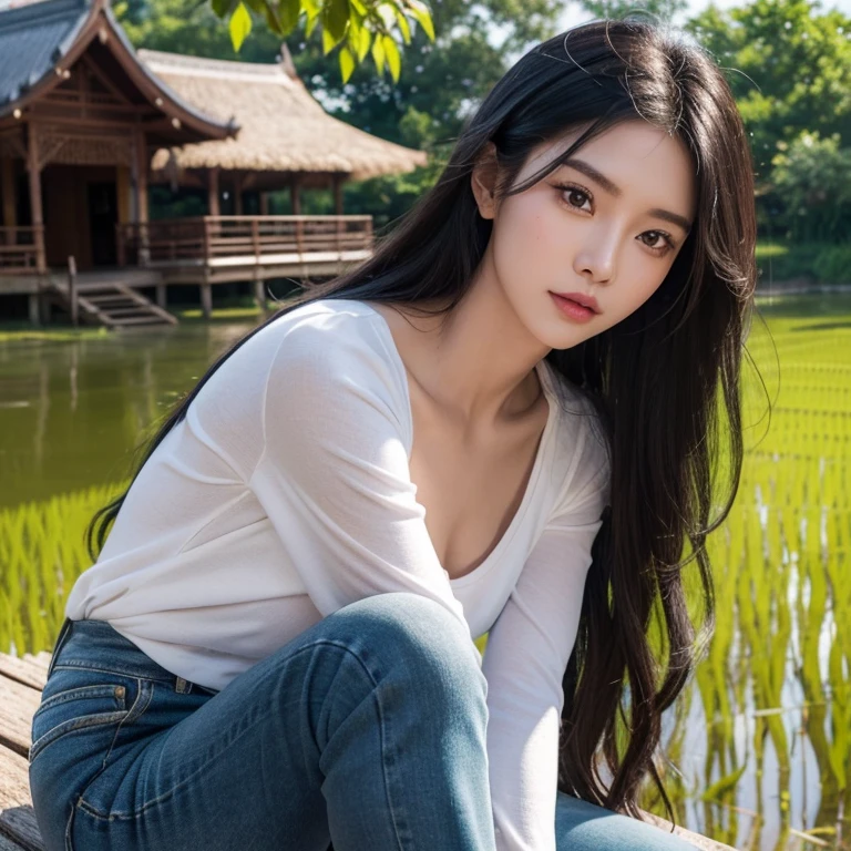 ภาพถ่ายหน้าตรงThai anime, Female anime Araffe 25 30 years old, Old ripped jeans, Dark Green, Looking straight at you intently, Long-haired woman with a round face, Red cheeks, Pink cheeks, black eyes ตาสองชั้น, black eyes, Thai anime, Has a large chest size of 38 inches.,  woman with flowing black hair, long flowing black hair, she has black hair, Her black hair was long and wavy., beautiful black hair, Extra dark natural black hair, The shirt is tight., Looks hot., ,black eyes,abdominal muscles, rounded chest, outdoor, The background is a rice field., There is an old thatched Thai-style hut in the background., The evening sun shines, beautiful female model, jaw-dropping beauty, Attractive face and body, realistic: Open the aperture wide., professional lighting, Sony A7R4, 50 mm sitting lens. 2 ; Warm light, (digital painting, HDR, high contrast (digital painting, HDR, high contrast), (Highest quality),(Masterpiece:1.3),(sharp focus:1.2:),