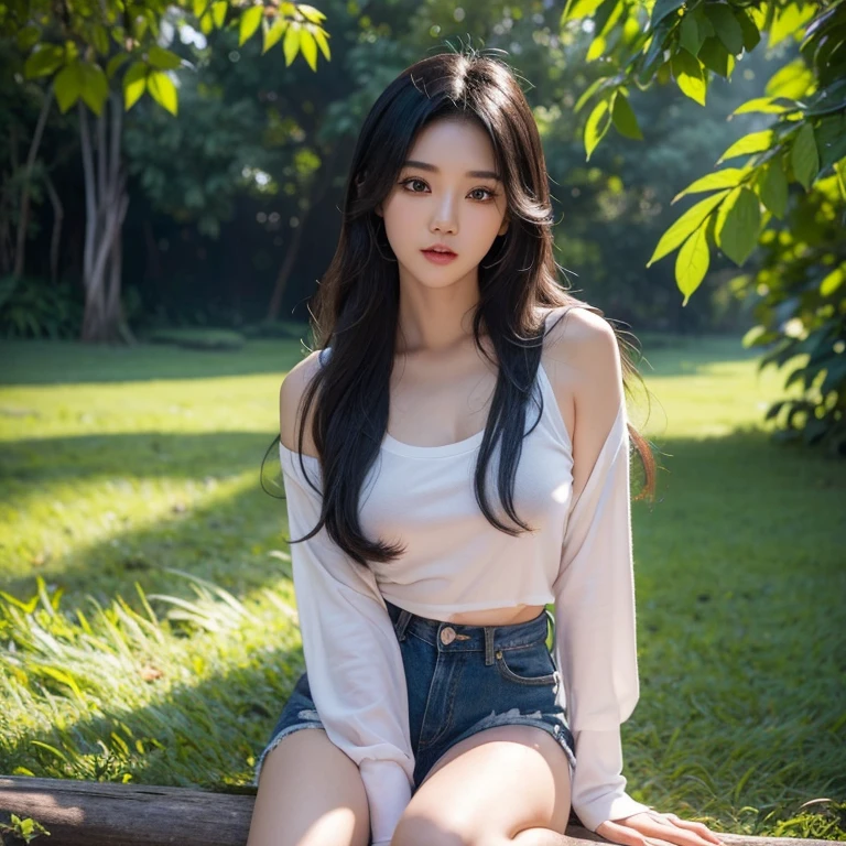 ภาพถ่ายหน้าตรงThai anime, Female anime Araffe 25 30 years old, Old ripped jeans, Dark Green, Looking straight at you intently, Long-haired woman with a round face, Red cheeks, Pink cheeks, black eyes ตาสองชั้น, black eyes, Thai anime, Has a large chest size of 38 inches., woman with flowing black hair, long flowing black hair, she has black hair, Her black hair was long and wavy., beautiful black hair, Extra dark natural black hair, The shirt is tight., Looks hot., ,black eyes,abdominal muscles, rounded chest, outdoor, The background is a rice field., There is an old thatched Thai-style hut in the background., The evening sun shines, beautiful female model, jaw-dropping beauty, Attractive face and body, realistic: Open the aperture wide., professional lighting, Sony A7R4, 50 mm sitting lens. 2 ; Warm light, (digital painting, HDR, high contrast (digital painting, HDR, high contrast), (Highest quality),(Masterpiece:1.3),(sharp focus:1.2:),