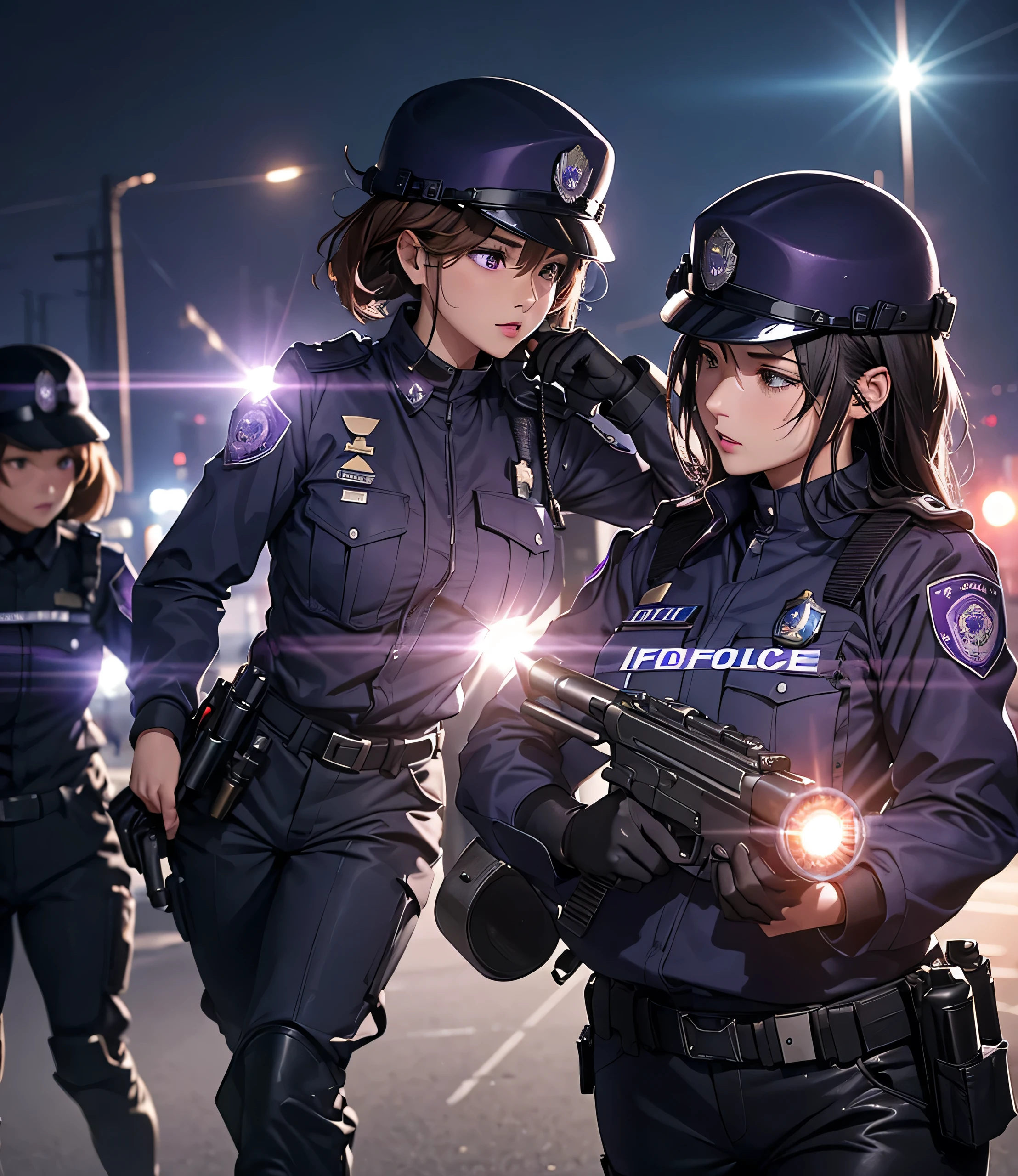 a group of female police officers in Deep Violet uniforms, wearing helmets, military pants, and tactical gear, writing detailed information, masterpiece, best quality, highly detailed CG, 8K, theatrical lighting, lens flare