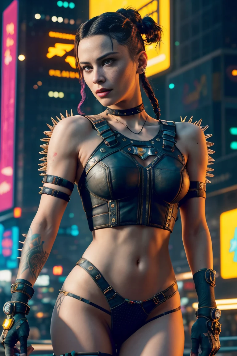 A fierce and beautiful woman., (Grace Kelly:Gillian Jacobs:0.5), braided spiky punk hairstyle, (wearing a revealing high-detail raider harness from Cyberpunk 2077), armed, High detail face, high detailed leather, seductive expression, perfect body, (perfect proportions), a night city background (Megalopolis Cyberpunk), high quality, (Masterpiece), (realistic photo), intricately detailed, 8k, HDR, shallow depth of field, wide light, High contrast, backlight, sharp focus, Raw color photo, looking to the camera, vivid colors, In the style of Cyberpunk 2077