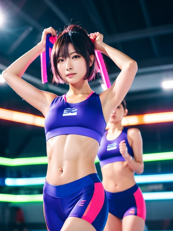 Best quality 8k resolution Ultra detailed Bright neon colored competition sportswear Serious facial expression Two women Abs Arms up Very short hair High waisted tights Flat chest Japanese Sharp focus Track and field club Very short hair 27 years old Sweating