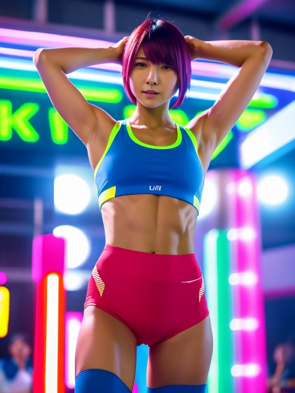Best quality 8k resolution Ultra detailed Bright neon colored competition sportswear Serious facial expression Two women Abs Arms up Very short hair High waisted tights Flat chest Japanese Sharp focus Track and field club Very short hair 27 years old Sweating