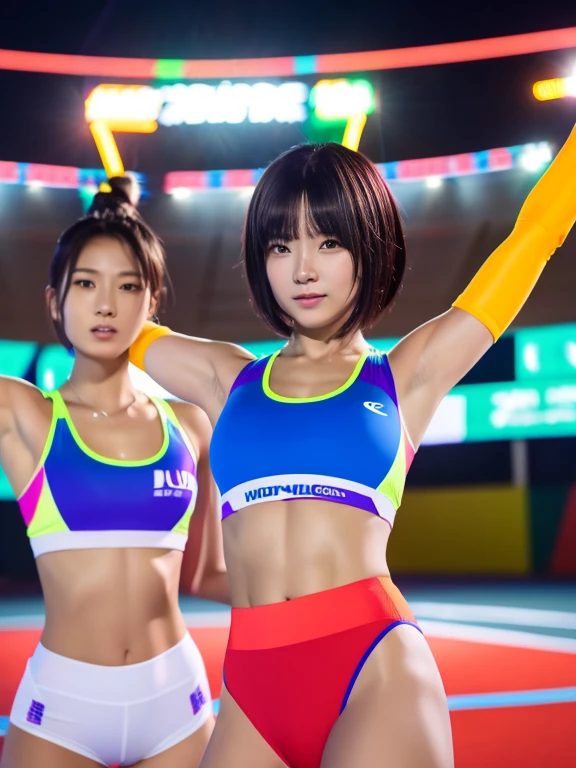 Best quality 8k resolution Ultra detailed Bright neon colored competition sportswear Serious facial expression Two women Abs Arms up Very short hair High waisted tights Flat chest Japanese Sharp focus Track and field club Very short hair 27 years old Sweating