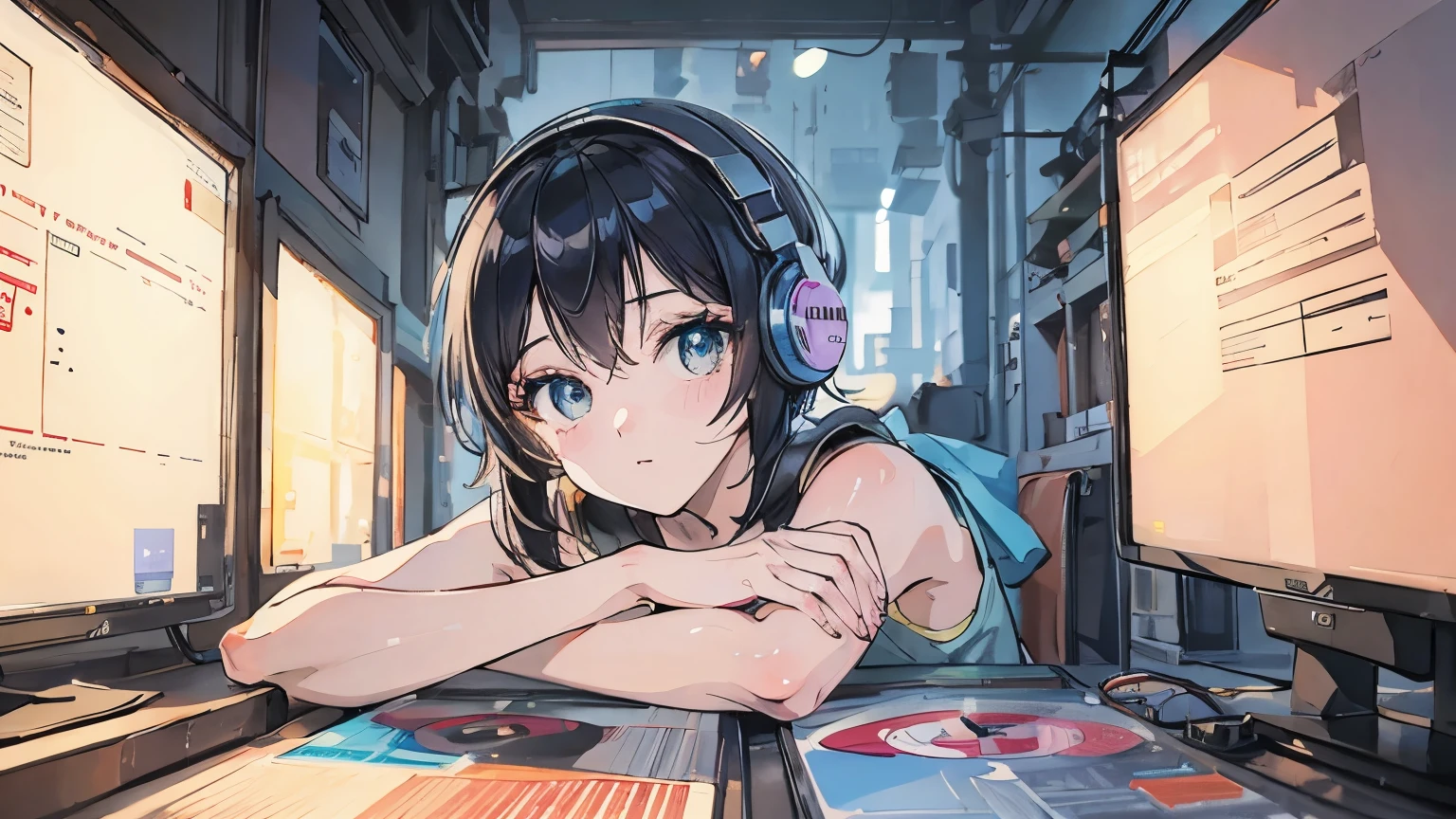 Wearing headphones、Bob Girl,record,whole body