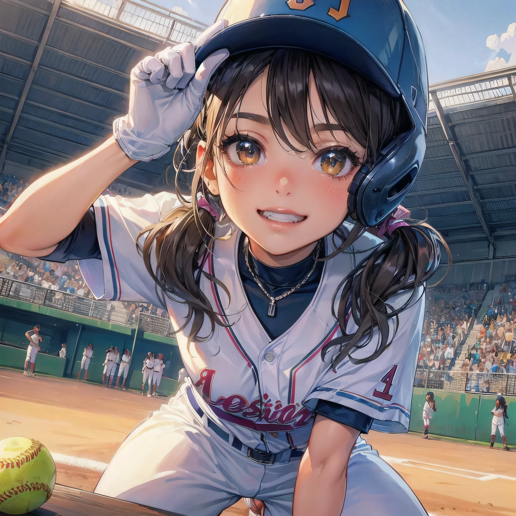  masterpiece, (textured skin), best quality, gorgeous beautiful girl, (a female softball athlete), detailed clothes,large breasts,narrow waist,, (beautiful face), cinematic lighting, (at softball venue ),