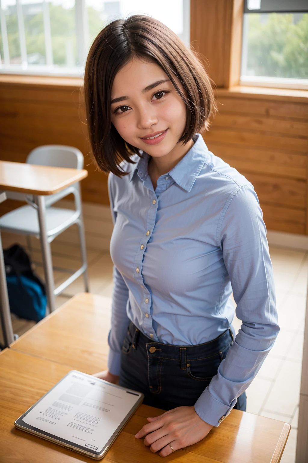 Top quality, 1 beautiful woman, super short Hair, wearing shirt , shy-smile,  at school 