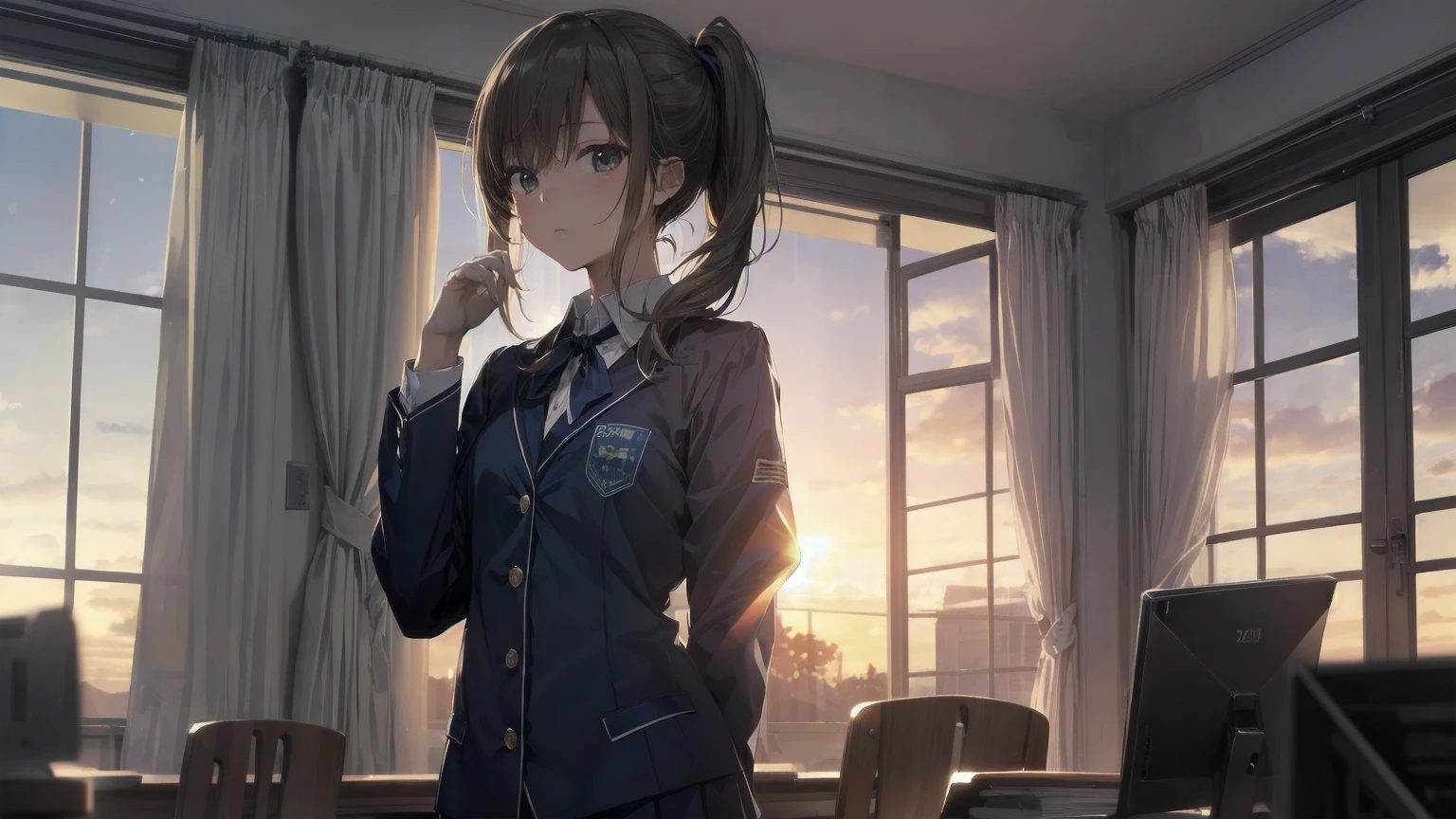 Highest quality, Anime Moe Art Style,Best Anime 8K Konachan Wallpaper,pixiv contest winners,Perfect Anatomy, (((Highest quality, 8K, masterpiece: 1.3)), Sharp focus, Slim abdomen, (White shirt), ((Side Ponytail)), Highly detailed face and skin texture, Fine grain, double eyelid, Japanese schoolgirl, Brown Hair, Sleepy face, (While studying in the library), (High School Uniform), sunset, Cowboy Shot