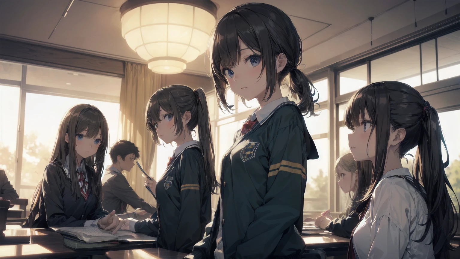Highest quality, Anime Moe Art Style,Best Anime 8K Konachan Wallpaper,pixiv contest winners,Perfect Anatomy, (((Highest quality, 8K, masterpiece: 1.3)), Sharp focus, Slim abdomen, (White shirt), ((Side Ponytail)), Highly detailed face and skin texture, Fine grain, double eyelid, Japanese schoolgirl, Brown Hair, Sleepy face, (While studying in the library), (High School Uniform), sunset, Cowboy Shot