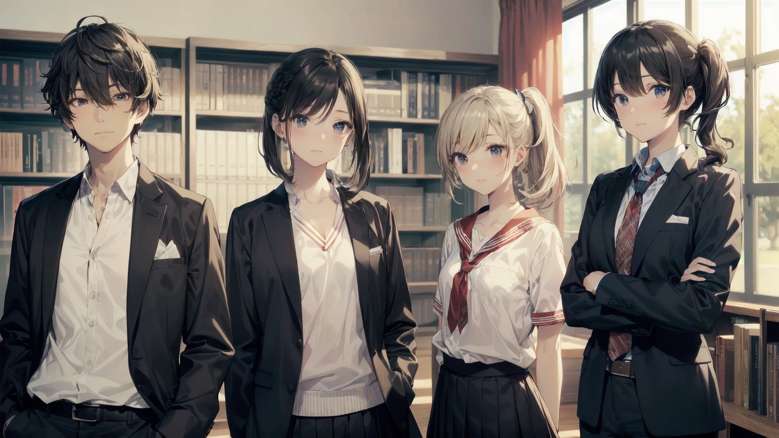 Highest quality, Anime Moe Art Style,Best Anime 8K Konachan Wallpaper,pixiv contest winners,Perfect Anatomy, (((Highest quality, 8K, masterpiece: 1.3)), Sharp focus, Slim abdomen, (White shirt), ((Side Ponytail)), Highly detailed face and skin texture, Fine grain, double eyelid, Japanese schoolgirl, Brown Hair, Sleepy face, (While studying in the library), (High School Uniform), sunset, Cowboy Shot