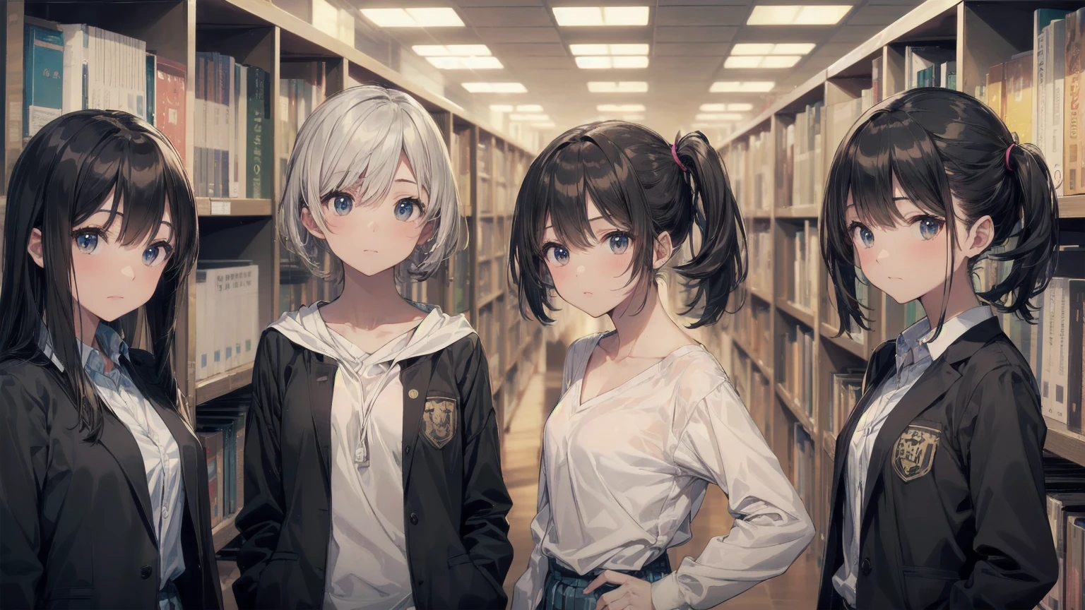 Highest quality, Anime Moe Art Style,Best Anime 8K Konachan Wallpaper,pixiv contest winners,Perfect Anatomy, (((Highest quality, 8K, masterpiece: 1.3)), Sharp focus, Slim abdomen, (White shirt), ((Side Ponytail)), Highly detailed face and skin texture, Fine grain, double eyelid, Japanese schoolgirl, Brown Hair, Sleepy face, (While studying in the library), (High School Uniform), sunset, Cowboy Shot