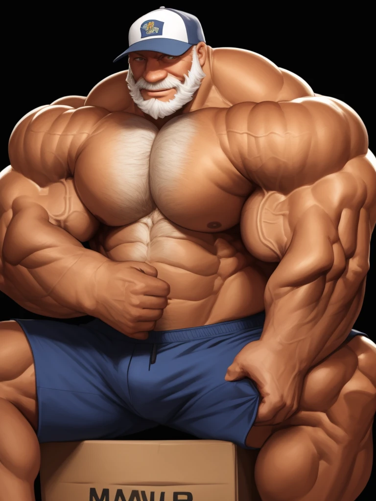 huge muscular old man , black background , wearing baseball hat, shorts hair, sitting in box, happy, white hair, white beards, masterpiece, semirealistic:1.3, high detailed, 8k, high resolution, perfect center, full view. ((sixpack, thick arms, wide pectoral, super huge muscle, hyper muscular, over sized muscle, huge arms, huge pectoral))