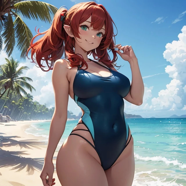 (masterpiece image, very detailed image, best high quality high definition image, carefully detailed textures and pixels, carefully detailed character and background, alone solo character)
{{1character: 22 years old red-haired elf girl: (fair skin, green eyes, hair tied in two high-short-pigtails with ribbons, absolute beauty, big breasts, nice figure, huge butt, walking cheerful with good style, happy fave, enjoying the moment, smiling), (dark-blue one-piece swimsuit), (beach, sunny morning)}}