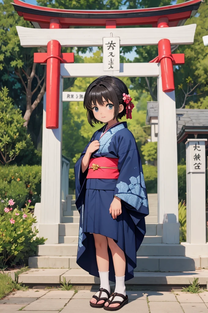 Girls under 8 years old, Height under 100, kimono, Small breasts, Patterned cotton panties, Fabric Real, Black Hair, kimono, Old shrine