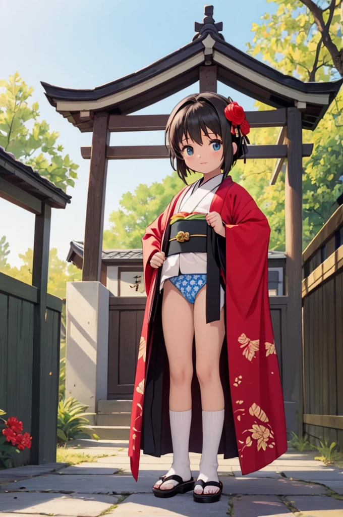 Girls , Height under 100, kimono, Small breasts, Patterned cotton panties, Fabric Real, Black Hair, kimono, Old shrine