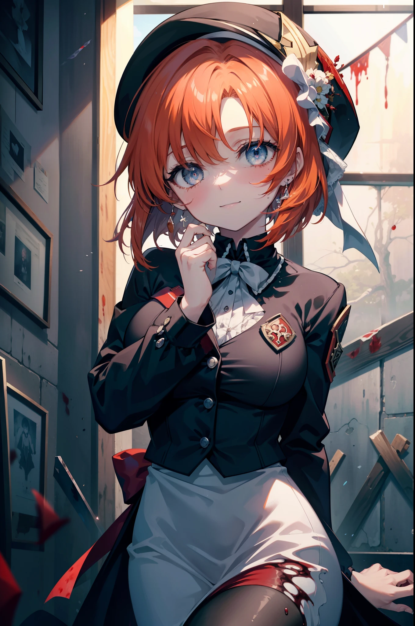 Ryugu Rena, Rena Ryuuguu, Orange Hair, short hair, Hair Blue Eyes, smile, There are still blood stains on the wall,spooky, Dead Eyes,A grinning man holding a Bloodstained knife in one hand.,Bloodstained beret,Bloodstained,Drops of blood,There was blood splattered all over the room..,spooky笑い, Dead Eyes,Psychopath horror,Bloodstained clothes,Drops of blood,spooky,murder scene, Serial killer, bathed in blood,Clothes with blood on them,Bloodstained black suit jacket, Bloodstained collared jacket,Blood stained white dress shirt, Shirt with blood on the collar, Neckline, button, strap, ID card on the neck, Bloodstained black pencil skirt,Bloodstained black pantyhose, Looking at the audience, Big Breasts,holding a Bloodstained knife grip,
break looking at viewer,
break indoors, office,
break (masterpiece:1.2), Highest quality, High resolution, unity 8k wallpaper, (shape:0.8), (Fine and beautiful eyes:1.6), Highly detailed face, Perfect lighting, Highly detailed CG, (Perfect hands, Perfect Anatomy),