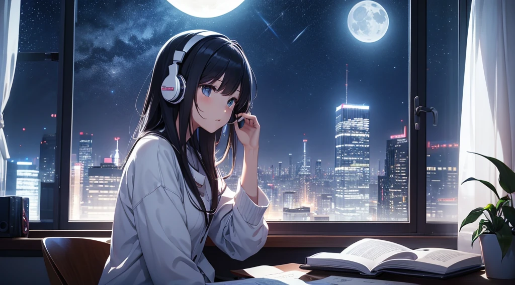 Late Night、moon、star、Girl studying in room、Listening to music through headphones、Skyscrapers outside the window、Calm、Healing