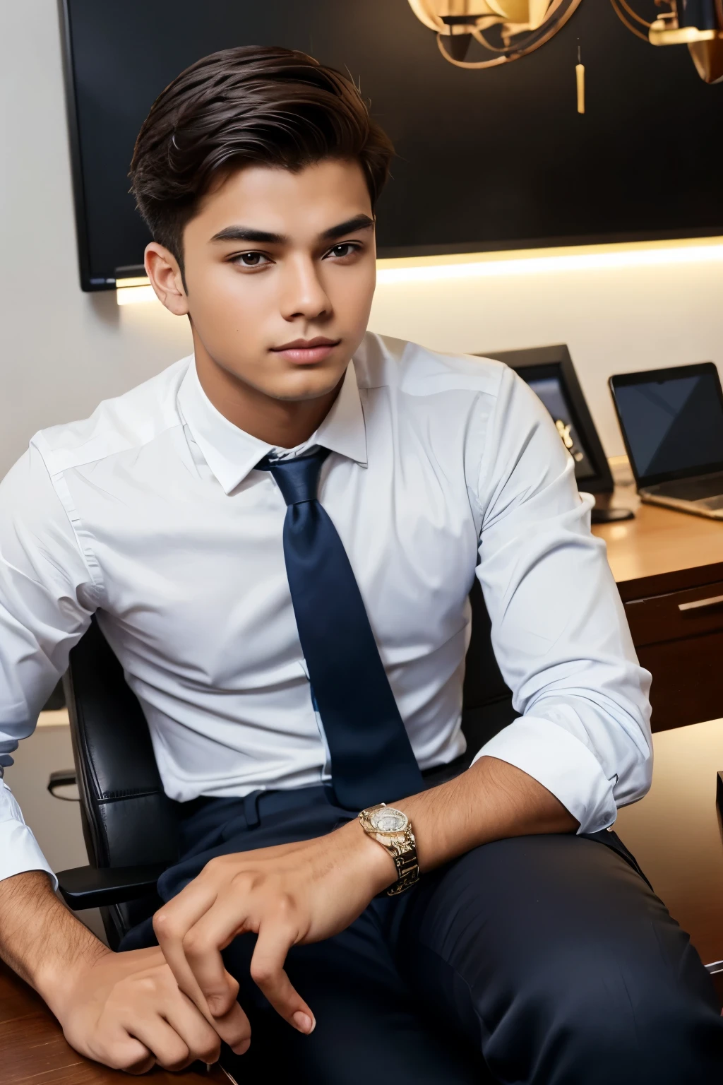 A Rich young Boy in boss position on his desk, who have financially freedom amd having all luxuries