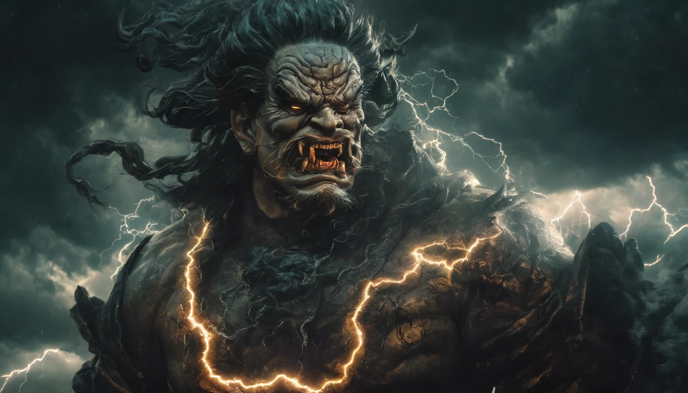 a grotesque and terrifying chinese mythology deity,stormy clouds with lightning and thunder in the background,detailed face and body,cinematic lighting,dark fantasy,chiaroscuro,moody colors,high contrast,dramatic shadows