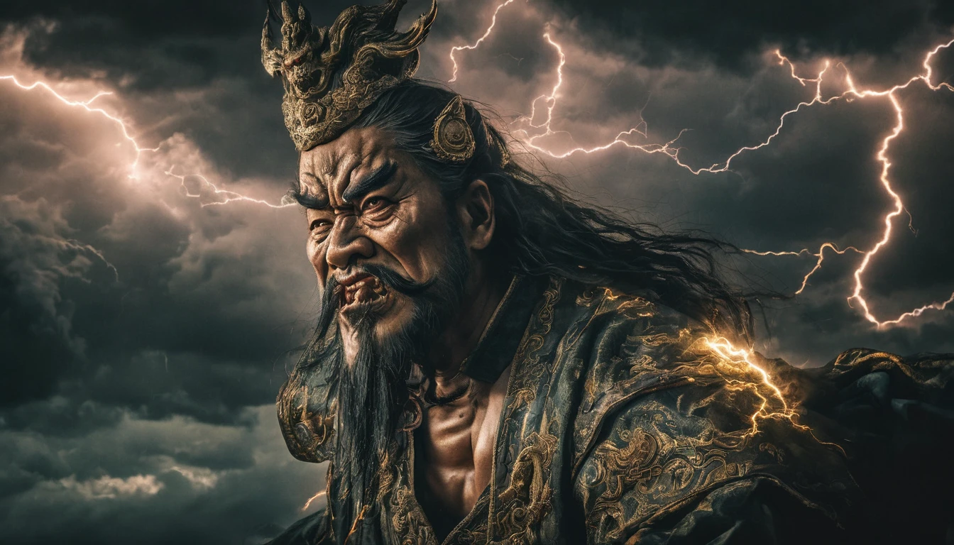 a grotesque and terrifying chinese mythology deity,stormy clouds with lightning and thunder in the background,detailed face and body,cinematic lighting,dark fantasy,chiaroscuro,moody colors,high contrast,dramatic shadows