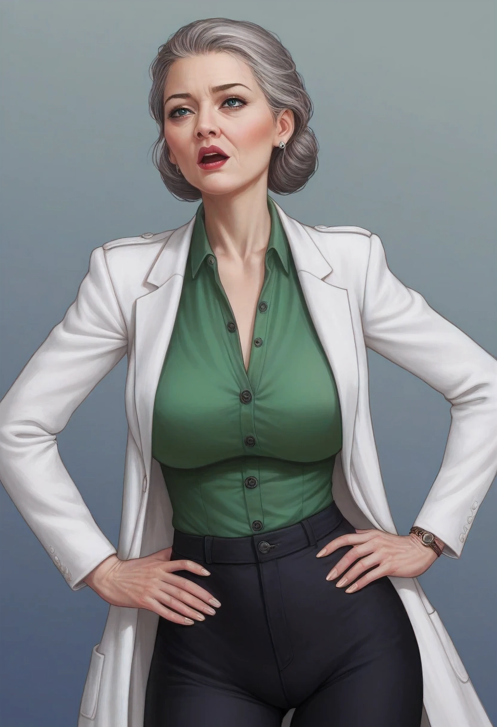 hyperrealistic art cinematic film still lower angle photography in the style of detailed hyperrealism photoshoot . (widehips) Extremely high-resolution details, photographic, realism pushed to extreme, fine texture, incredibly, elderly frail woman, close up standing cleveage hands on hips chest thrust out in office alone (shoulder length gray hair with darkbrown hairroots), (head back_ moaning)) (lab coat with green blouse and black pants),