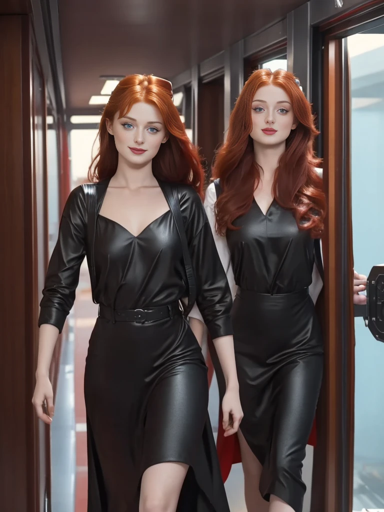 a sexy 28 year old woman, beautiful redhead woman SOPHIE TURNER, detailed eyes, lush lips, flirtatious smile, youthful enthusiasm, standing on the bridge of a starship, dressed as a maid, Walking down the hallway, realist, fotorrealist, 8k, high quality, Masterpiece, studio lighting, extremely detailed.