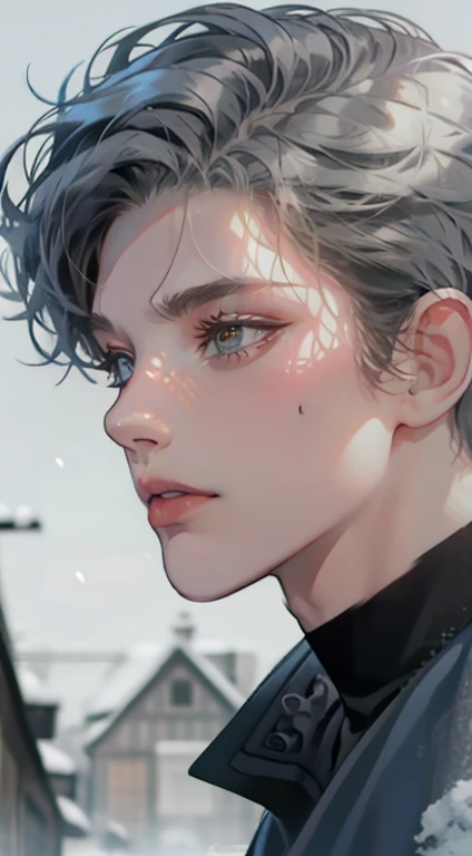 masterpiece, best quality, realistic, 1man, mature male, quiet and charming  man, 35 years old, close his eyes, serious, closed mouth, extremely detailed face, cold, ((dark grey blue eyes)), ((short-right-swept dark grey hair)), [thick eyebrows], ((hunter)), accurate, detailed, ((town))