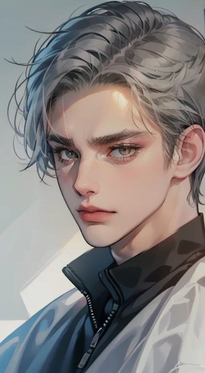 masterpiece, best quality, realistic, 1man, mature male, quiet and charming  man, 35 years old, close his eyes, serious, closed mouth, extremely detailed face, cold, ((dark grey blue eyes)), ((short-right-swept dark grey hair)), [thick eyebrows], ((hunter)), accurate, detailed, ((town))