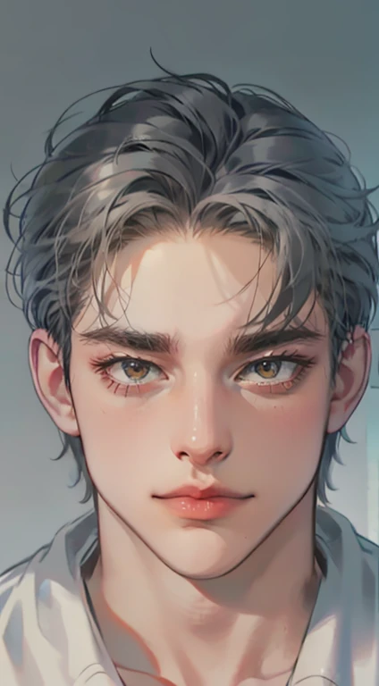 masterpiece, best quality, realistic, 1man, mature male, quiet and charming  man, 35 years old, close his eyes, serious, closed mouth, extremely detailed face, cold, ((dark grey blue eyes)), ((short-right-swept dark grey hair)), [thick eyebrows], ((hunter)), accurate, detailed, ((town))